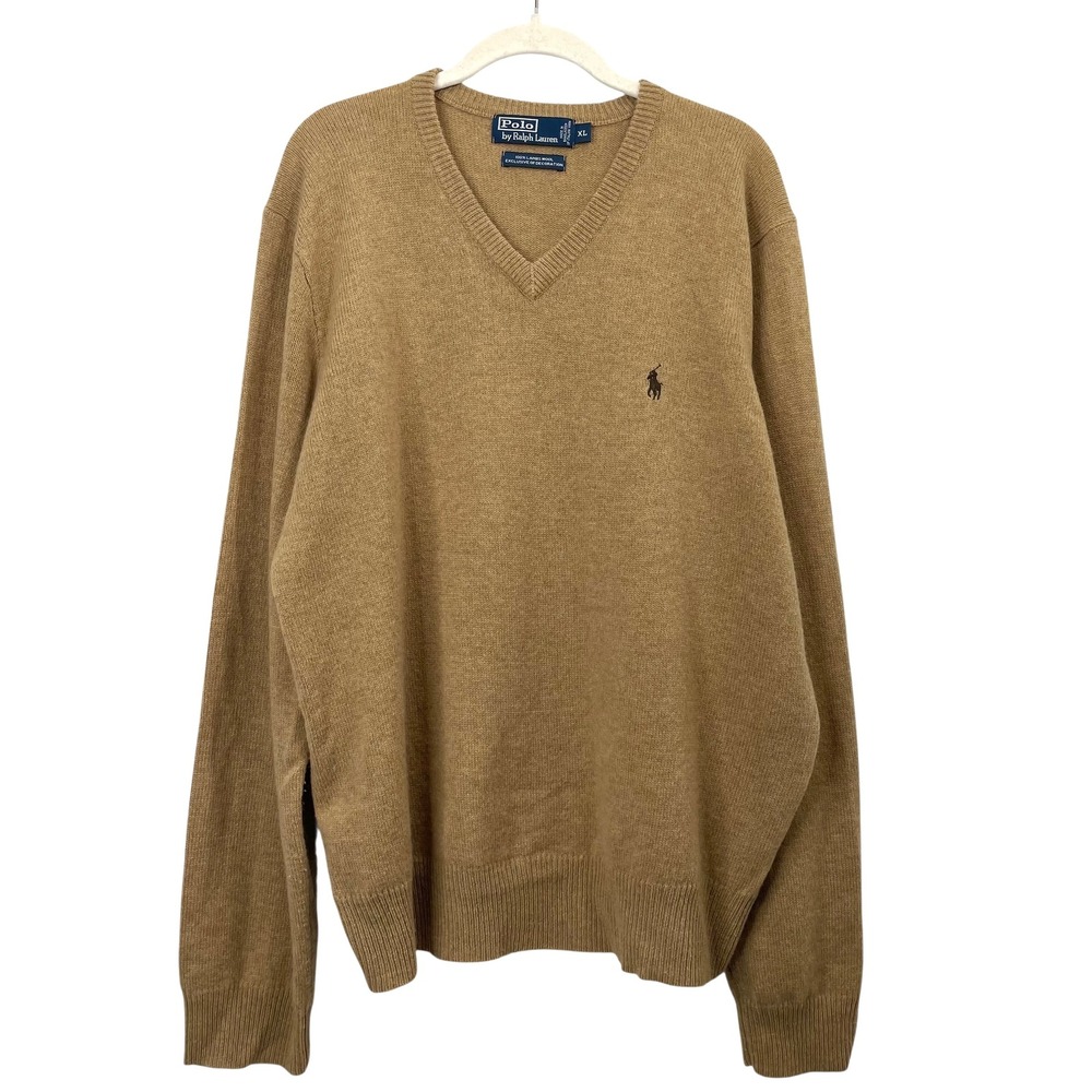 Vintage Polo by Ralph Lauren 100% lambswool v neck sweater Size XL caramel tan